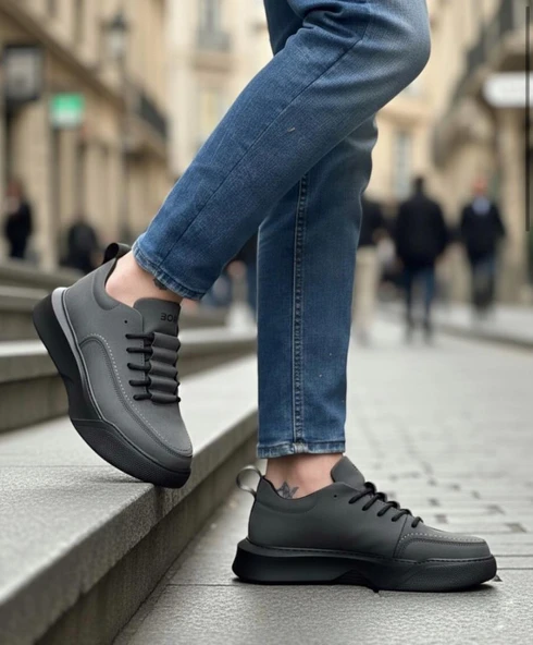 BA0332 Merdiven Desen Bağcıklı Erkek Yüksek Taban Füme Cilt Spor Ayakkabı - Resim 3