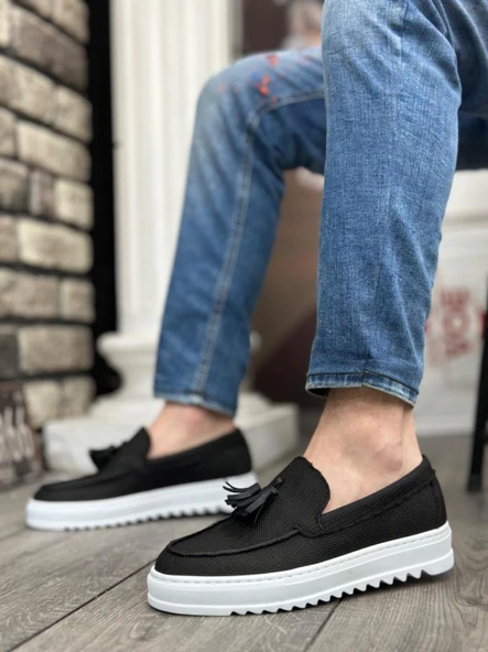 BA0154  Bağcıksız Yüksek Taban Keten Siyah Renk Püsküllü Erkek Ayakkabı - Resim 5