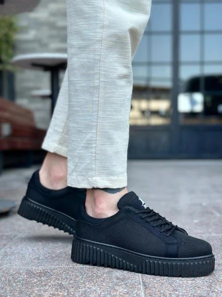 Yüksek Siyah Taban Triko Siyah Erkek Ayakkabı - Resim 3