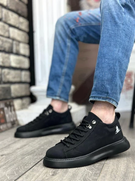 BA0331 Bağcıklı Erkek Yüksek Taban Siyah Cilt  Spor Ayakkabı - Resim 2