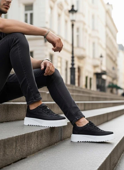 BA0801  Yüksek Taban Siyah Paraşüt Kumaş Cilt Detaylı Erkek Ayakkabı - Resim 2