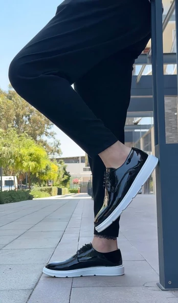 BA0003 Bağcıklı Klasik  Siyah Rugan Yüksek Taban Casual Erkek Ayakkabı - Resim 4