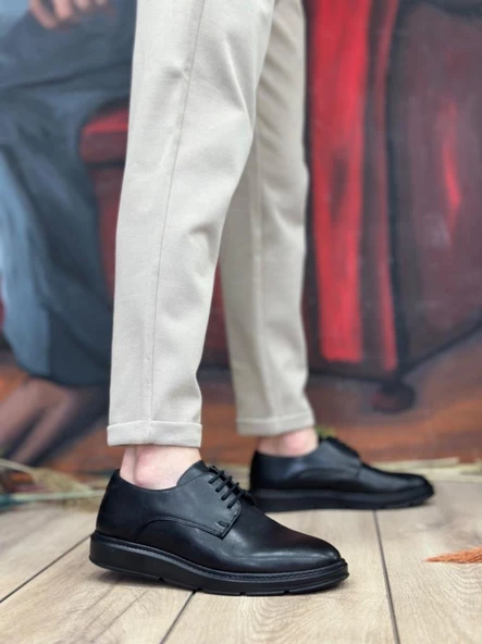 BA0003 Bağcıklı Klasik Siyah Yüksek Siyah Taban Casual Erkek Ayakkabı - Resim 2