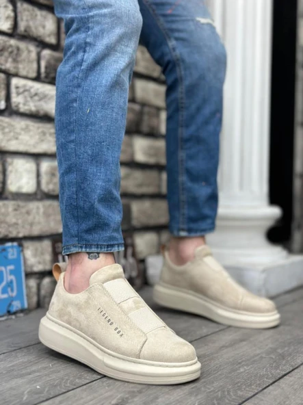 BA0307  Kalın Süet Yüksek Taban Çift Bant Bej Erkek Ayakkabı - 4