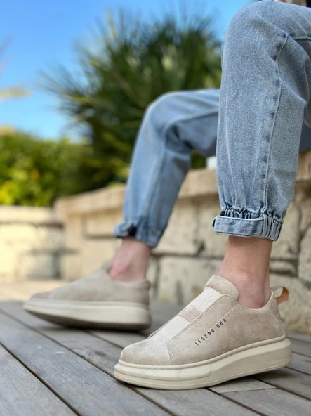 BA0307 Kalın Süet Yüksek Taban Çift Bant Bej Erkek Ayakkabı