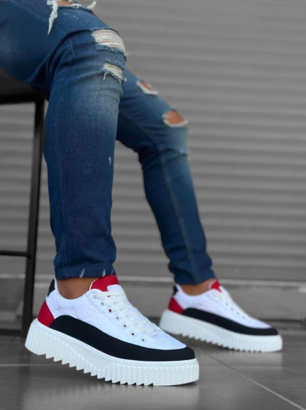 BA0801  Yüksek Taban Beyaz Paraşüt Kumaş Cilt Detaylı Erkek Ayakkabı - Resim 2