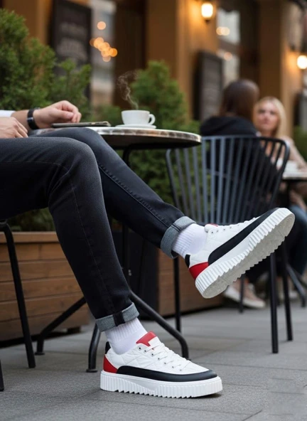 BA0801  Yüksek Taban Beyaz Paraşüt Kumaş Cilt Detaylı Erkek Ayakkabı - Resim 4