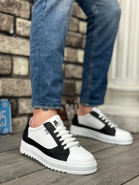 BA0323  Kalın Tırtık Yüksek Taban Beyaz Siyah Bağcıklı Spor Erkek Ayakkabı ürün görseli