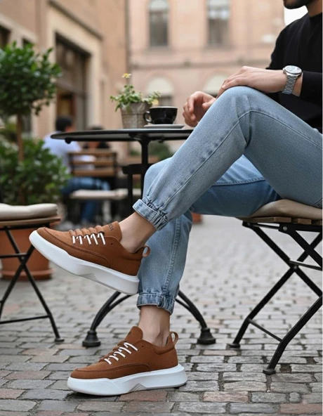 BA0332 Merdiven Desen Bağcıklı Erkek Yüksek Taban Taba Süet Beyaz Taban Spor Ayakkabı - Resim 3