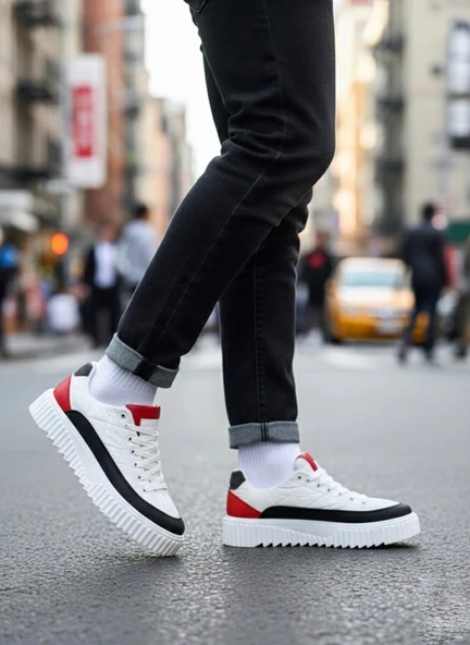 BA0801  Yüksek Taban Beyaz Paraşüt Kumaş Cilt Detaylı Erkek Ayakkabı - Resim 6