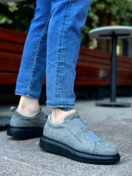 BA0307  Kalın Süet Yüksek Taban Çift Bant Gri Siyah Erkek Ayakkabı - Resim 2