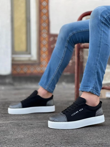 BA0104 Bağcıklı Siyah Ekose Süet Beyaz Taban Spor Klasik Erkek Ayakkabı - Resim 2