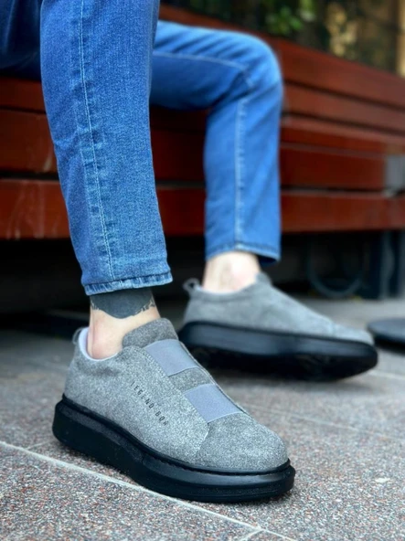 BA0307  Kalın Süet Yüksek Taban Çift Bant Gri Siyah Erkek Ayakkabı ürün görseli