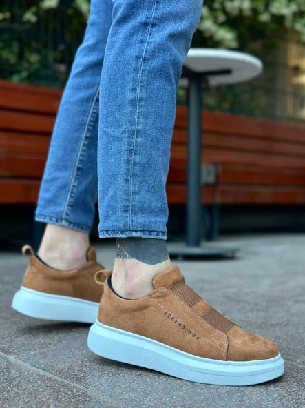 BA0307  Kalın Süet Yüksek Taban Çift Bant Taba Beyaz Erkek Ayakkabı - Resim 2