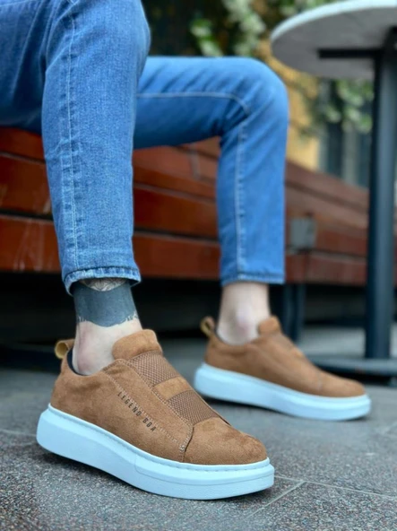 BA0307  Kalın Süet Yüksek Taban Çift Bant Taba Beyaz Erkek Ayakkabı ürün görseli