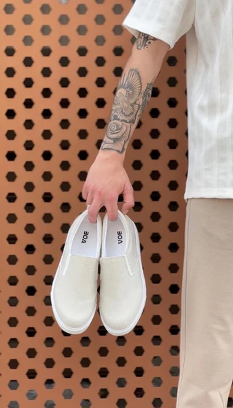 BA0339 Bağcıksız Keten Krem Beyaz Taban Günlük Erkek Ayakkabı - Resim 3