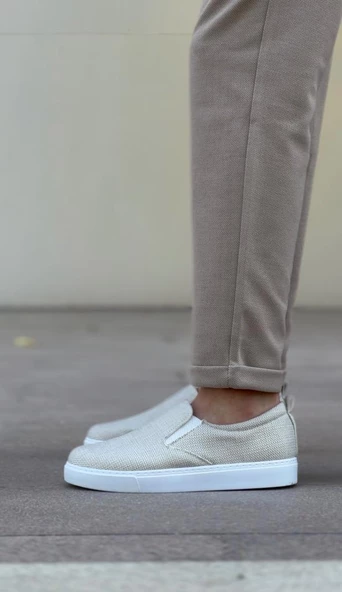 BA0339 Bağcıksız Keten Krem Beyaz Taban Günlük Erkek Ayakkabı - Resim 4