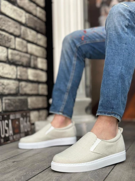 BA0339 Bağcıksız Keten Krem Beyaz Taban Günlük Erkek Ayakkabı - Resim 2