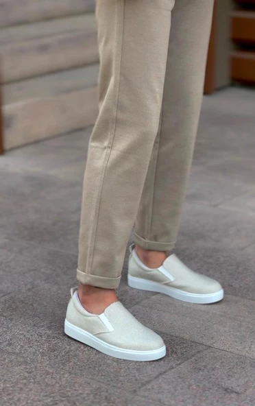 BA0339 Bağcıksız Keten Krem Beyaz Taban Günlük Erkek Ayakkabı - Resim 5