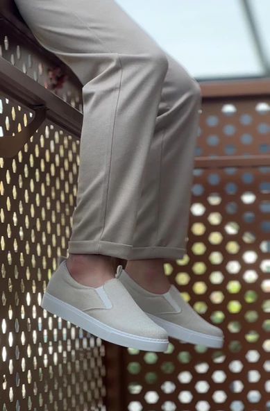 BA0339 Bağcıksız Keten Krem Beyaz Taban Günlük Erkek Ayakkabı - Resim 6