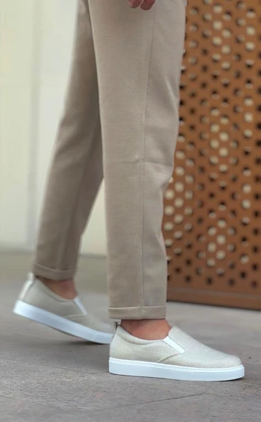 BA0339 Bağcıksız Keten Krem Beyaz Taban Günlük Erkek Ayakkabı - Resim 7