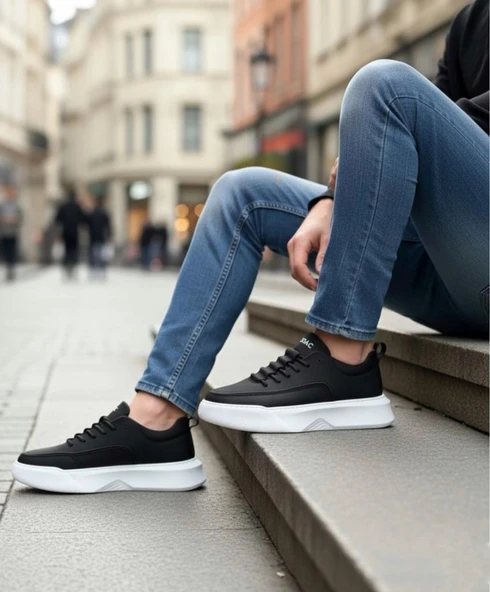 BA0332 Merdiven Desen Bağcıklı Erkek Yüksek Taban Siyah Cilt Beyaz Taban Spor Ayakkabı - Resim 2