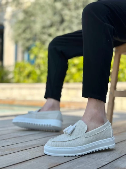 BA0154 Bağcıksız Yüksek Taban Beyaz Keten Püsküllü Erkek Ayakkabı - Resim 3