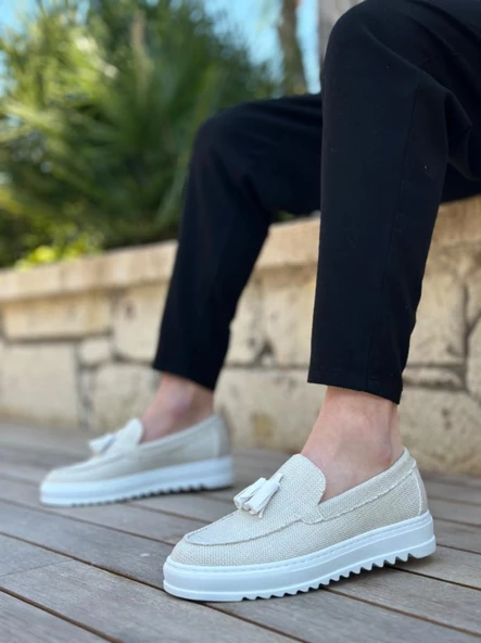 BA0154 Bağcıksız Yüksek Taban Beyaz Keten Püsküllü Erkek Ayakkabı ürün görseli