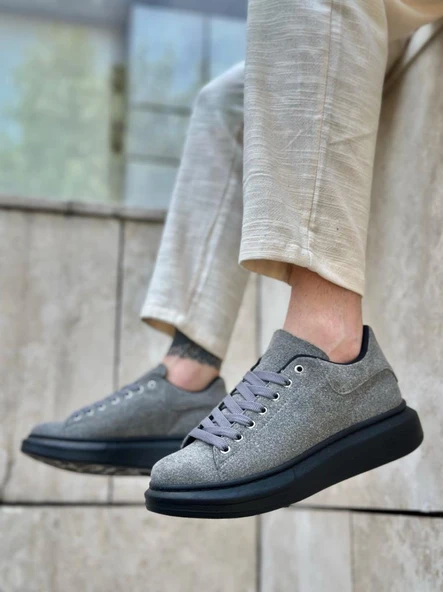 BA0547  Kalın Yüksek Taban Gri Siyah Süet Bağcıklı Spor Erkek Ayakkabı - Resim 3