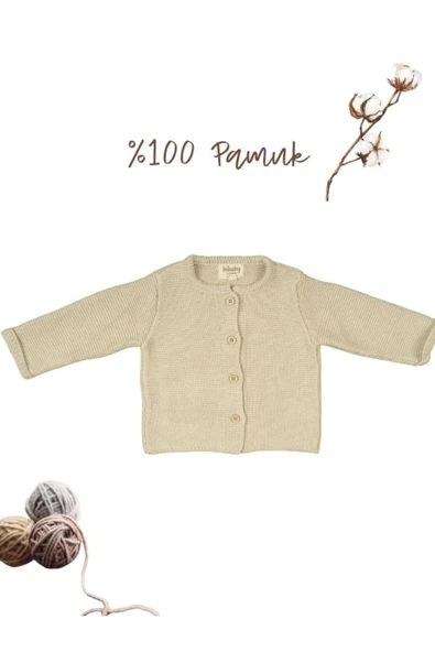 Bej Önden Düğmeli %100 Pamuk Triko Bebek Hırka - 3