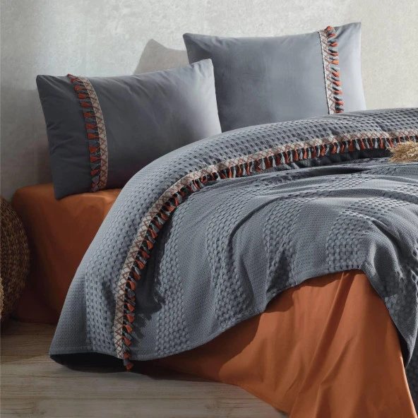 100% Pamuk Bohamline Butik Çift Kişilik Pike Takımı Gri - 2