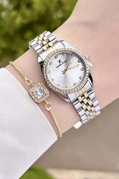 Daniel Klein DKISTE1184 Gold Gümüş Renk Hediye Paketli Kadın Kol Saati ve Bileklik - Resim 4