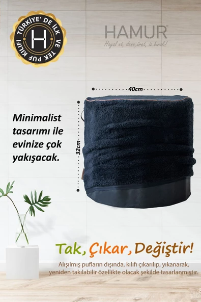 Yıkanabilir Puf Tabure Kılıfı Tak-Çıkar-Değiştir-Yenile Orta Sehpa Kılıfı By Teddy Siyah - 5