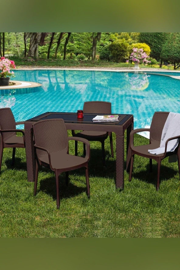 Çavdar Group Rattan 70x120 Cm Camlı Bahçe Balkon Teras Masa Takımı 4 Adet Sandalye