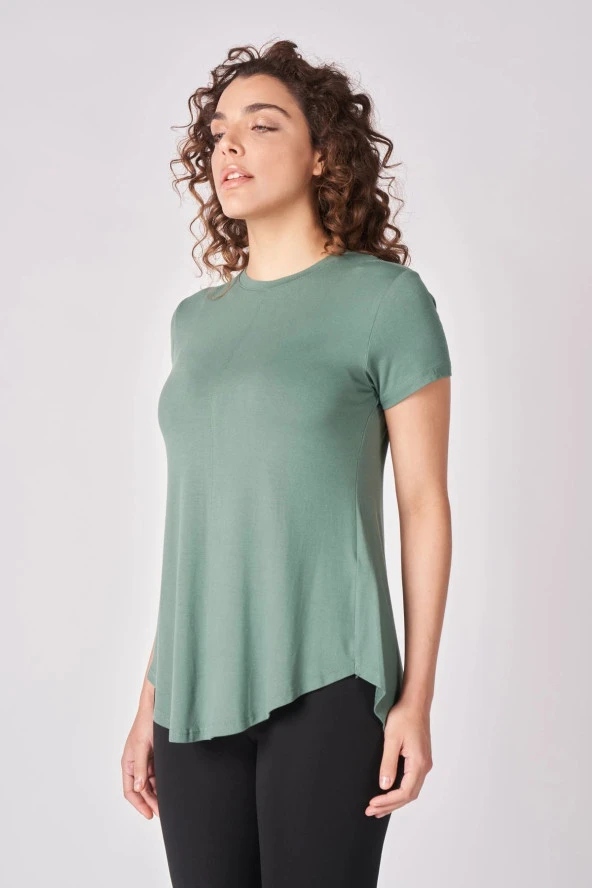 Kadın Oversize Bisiklet Yaka Kısa Kollu Tişört  2XL Haki - Resim 2