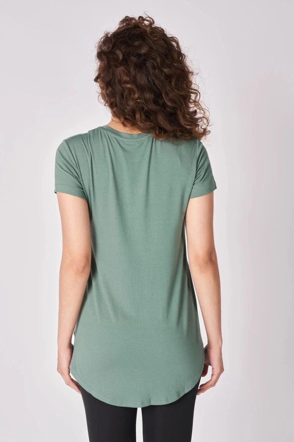 Kadın Oversize Bisiklet Yaka Kısa Kollu Tişört XS Haki - 3