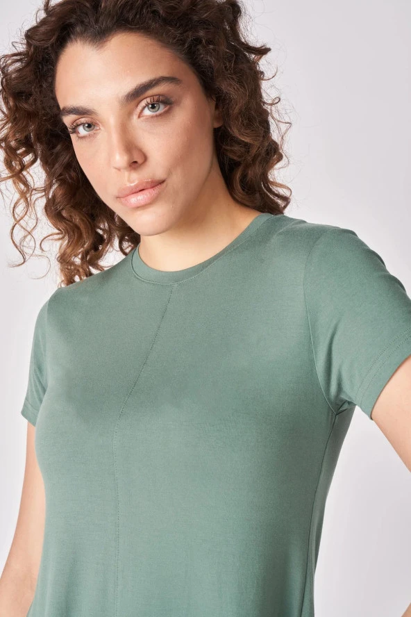 Kadın Oversize Bisiklet Yaka Kısa Kollu Tişört  S Haki - Resim 3