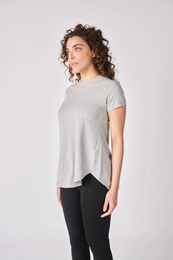 Kadın Oversize Bisiklet Yaka Kısa Kollu Tişört  M Gri Melanj - 2