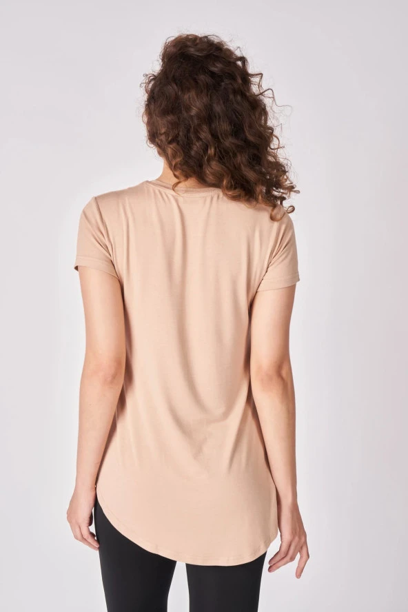 Kadın Oversize Bisiklet Yaka Kısa Kollu Tişört  XL Vizon - 4