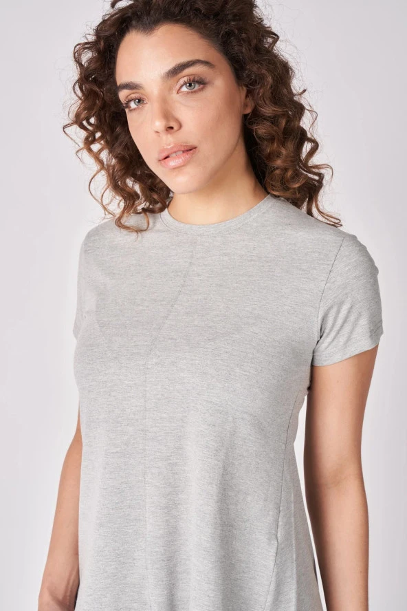 Kadın Oversize Bisiklet Yaka Kısa Kollu Tişört  XL Gri Melanj - 3