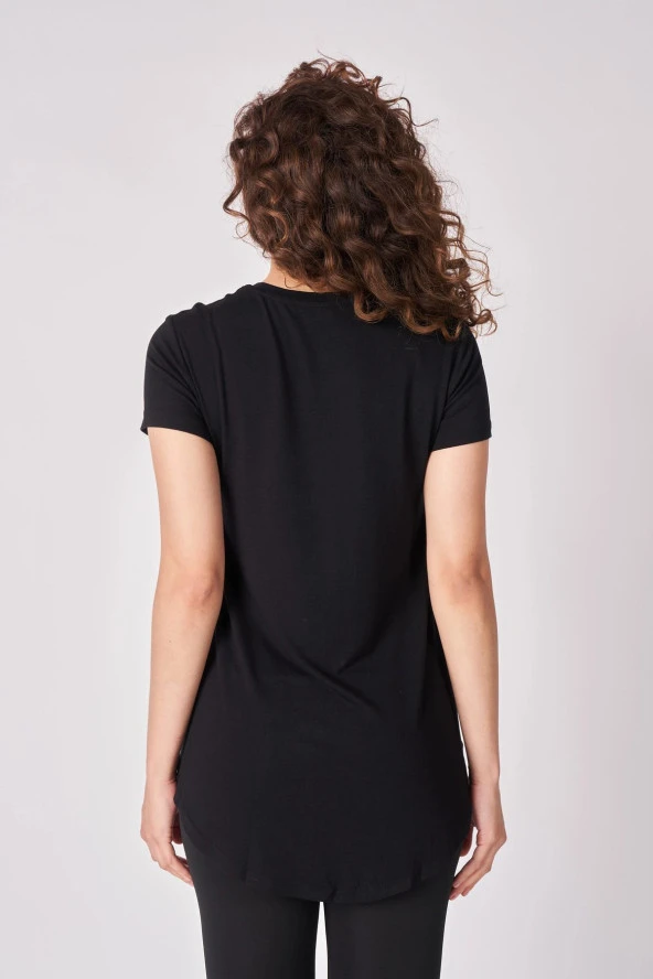 Kadın Oversize Bisiklet Yaka Kısa Kollu Tişört  2XL Siyah - Resim 8