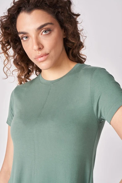 Kadın Oversize Bisiklet Yaka Kısa Kollu Tişört  L Gri Melanj - Resim 3