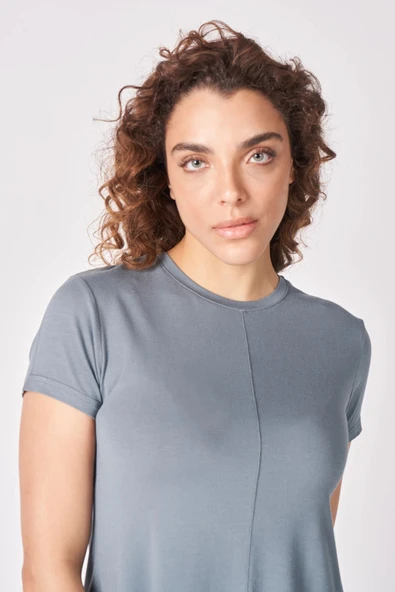 Kadın Oversize Bisiklet Yaka Kısa Kollu Tişört  XL Haki - Resim 11