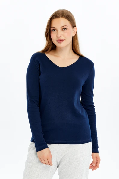 Kadın Uzun Kollu V Yaka Tişört - Resim 7