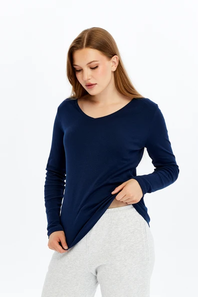 Kadın Uzun Kollu V Yaka Tişört - Resim 10