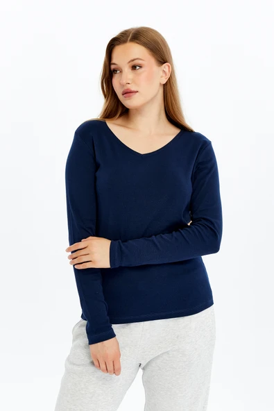 Kadın Uzun Kollu V Yaka Tişört - Resim 9