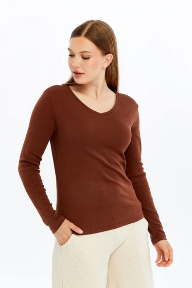 Kadın Uzun Kollu V Yaka Tişört - Resim 4