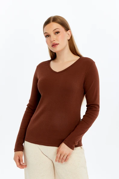 Kadın Uzun Kollu V Yaka Tişört - Resim 2