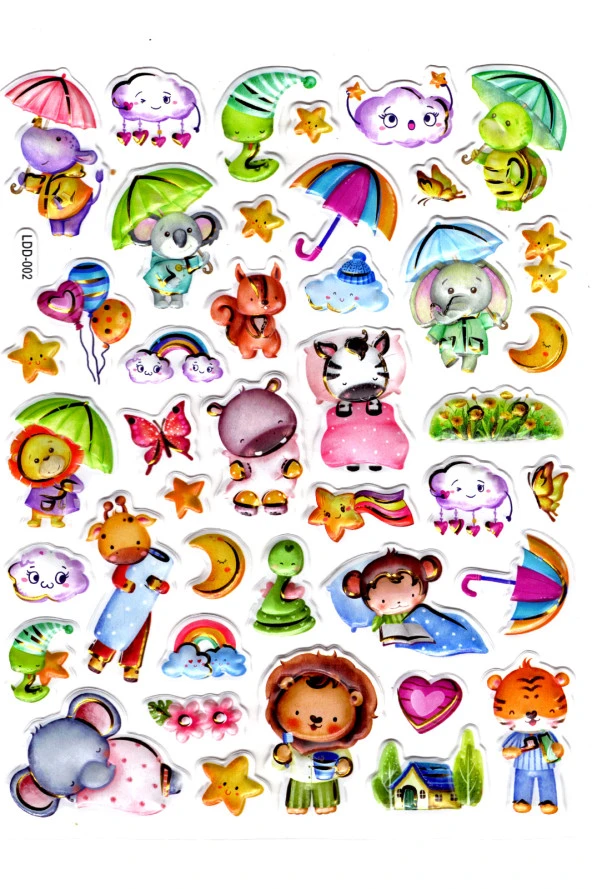 Sticker Kabartmalı Stiker Defter Planlayıcı Etiket (Ldd002)-24x19cm - Şemsiyeli Hayvanlar