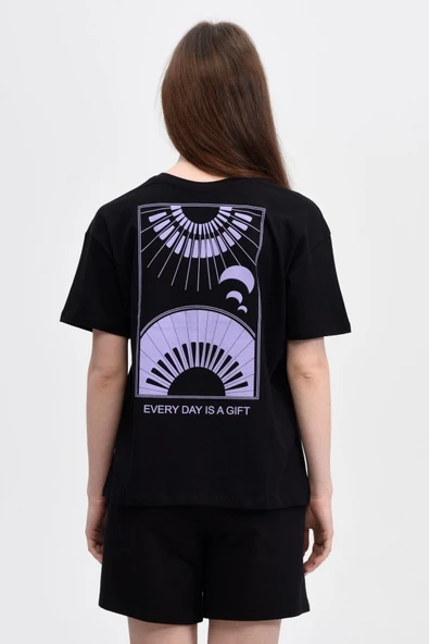 Kadın Ön Ve Sırt Baskılı Kısa Kollu Bisiklet Yaka Oversıze Oversıze Tişört Siyah  XS KAR MELANJ - Resim 2